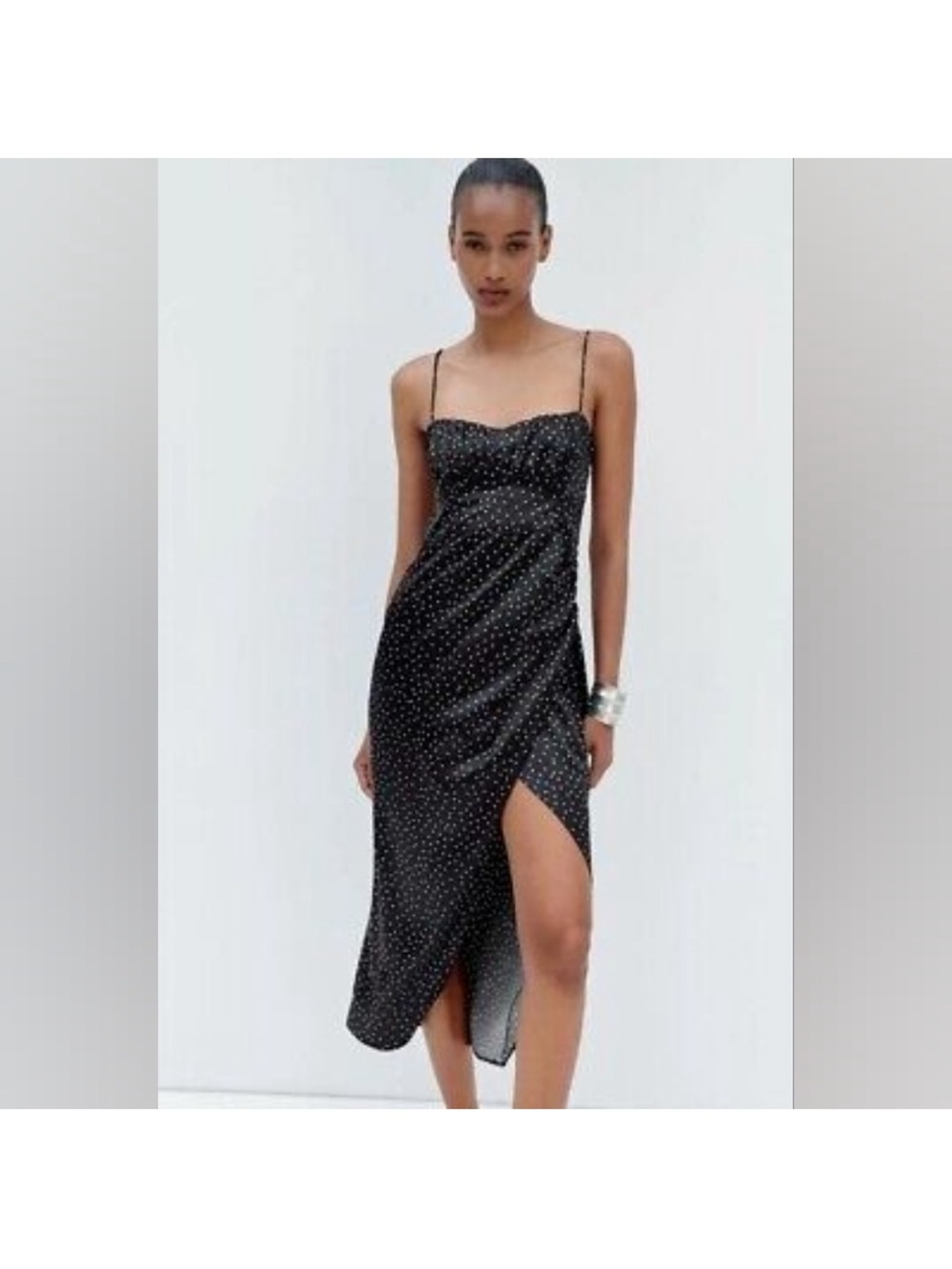 Zara Spaghetti Strap Black Polka Dot Midi Dress NWT Size M